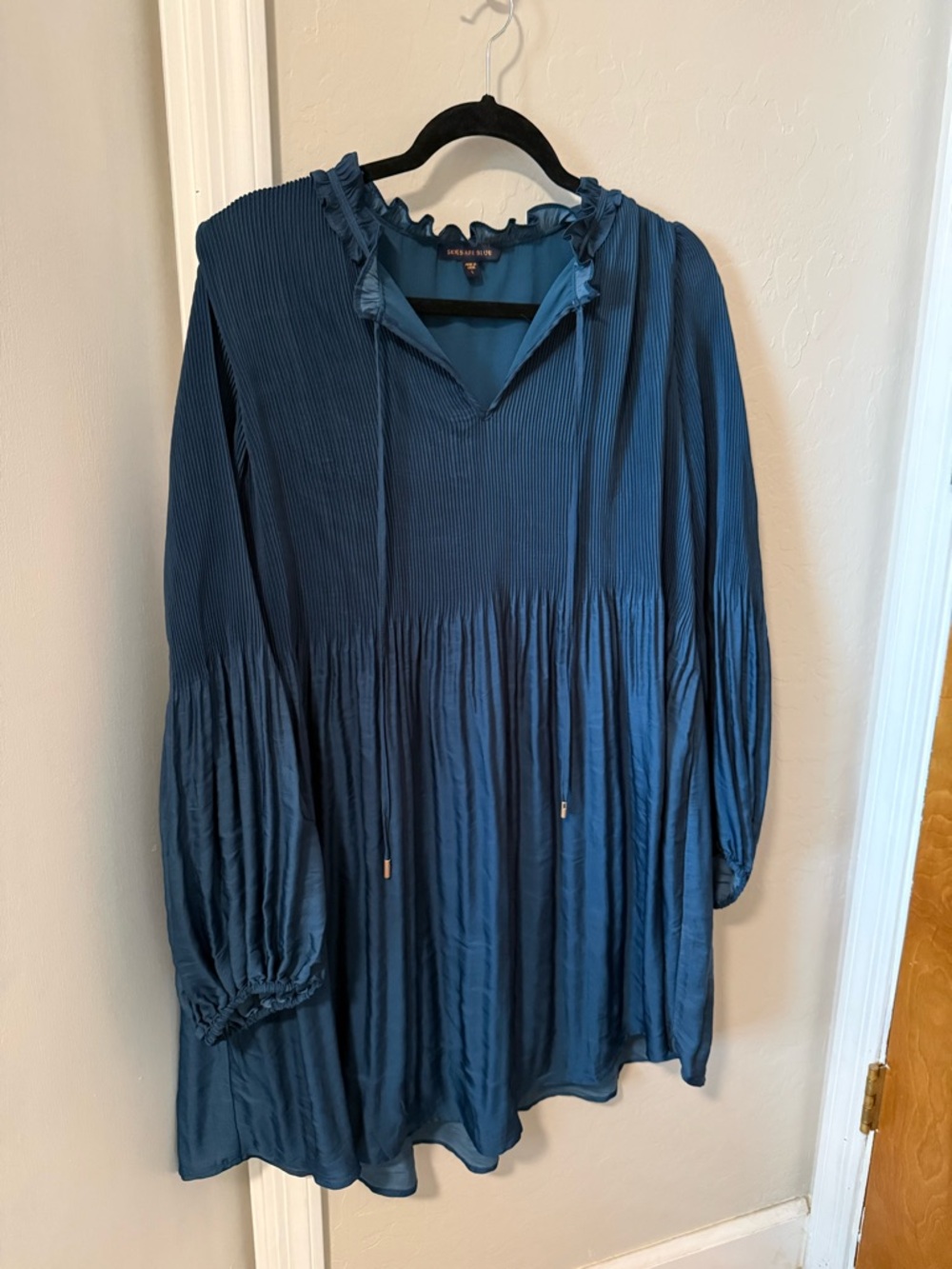 Skies Are Blue Teal Pleated V-Neck Long-Sleeve dress